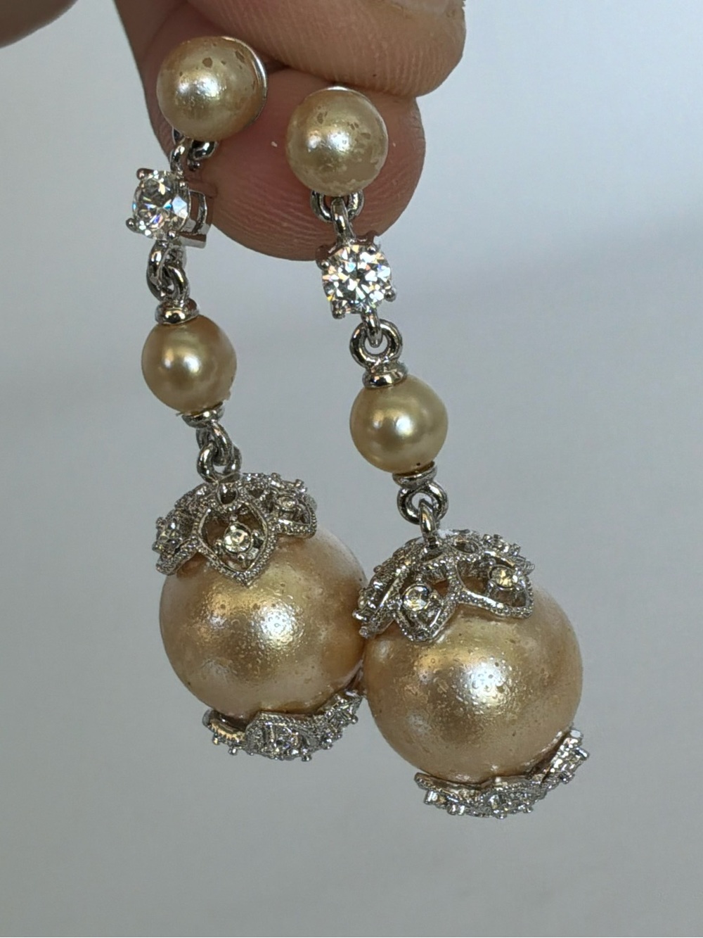 Vintage Faux Pearl & Rhinestone Dangle Drop Earrings Silver Tone